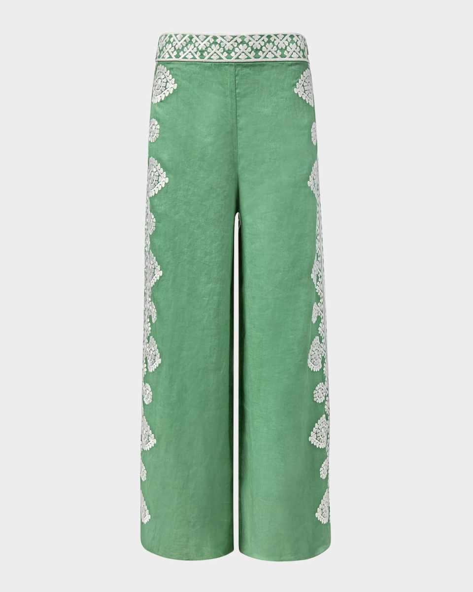 Noemie Embroidered Linen Wide-Leg Pants